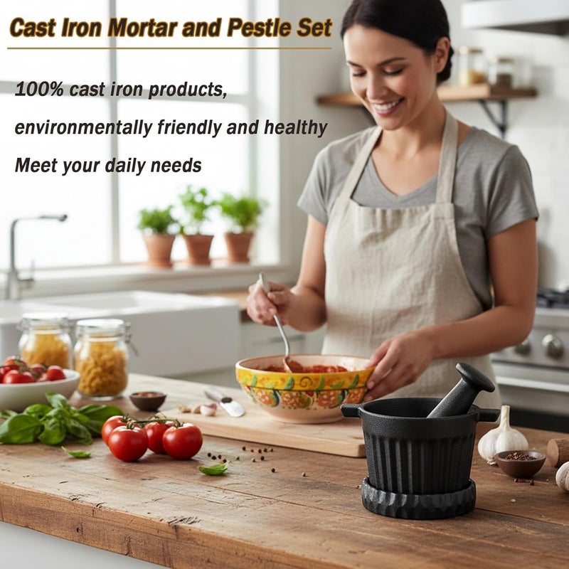 ENEM UKEMEN Cast Iron Mortar and Pestle Set, 3-Piece Small Garlic Grater Plate with Brush and Scoop, Heavy Duty Muddler and Bowl Grinder Set Perfect for Guacamole/Spices/Herbs/Solid/Metal/Glass/Rock - Image 2
